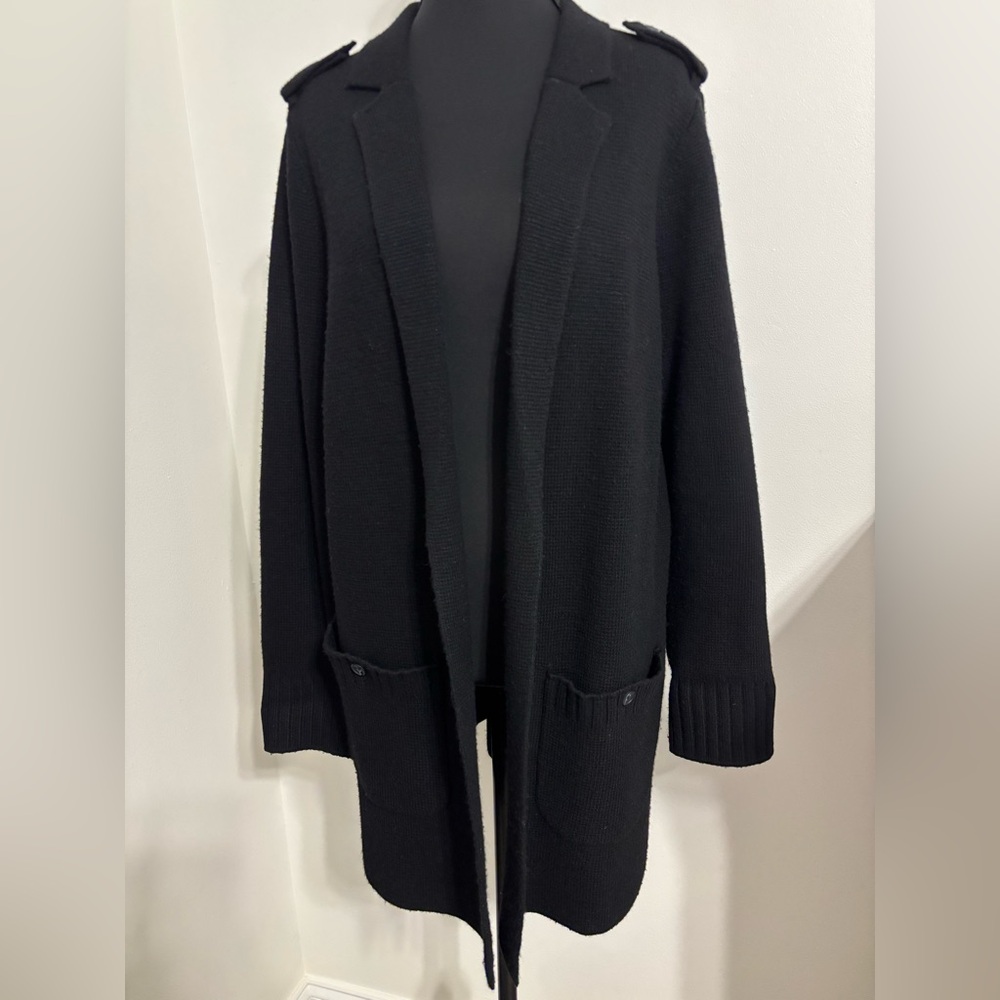 Talbots women’s black open front long cardigan sweater Size Medium wool blend